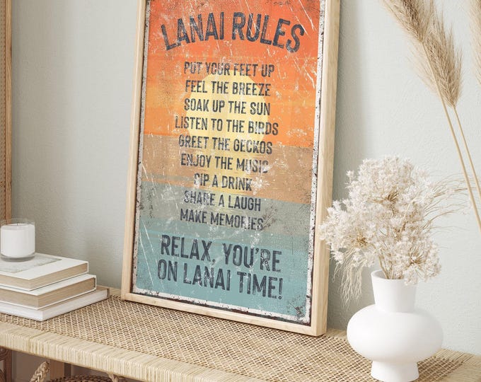 Lanai Rules, Retro Sunset Gradient Bands In Orange Amber Sage, Florida Patio Wall Art