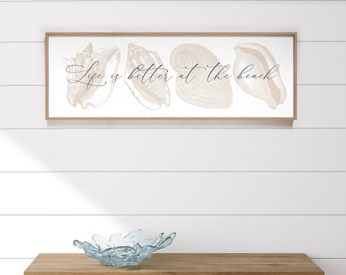 Shell Beach Art Wide Canvas, Four Line Drawn Seashells, Life Is Better at the Beach Sign
