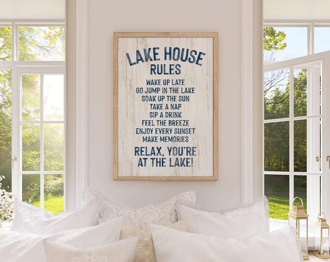 Rustic Sign, Lake House Rules Distressed Navy Wall Art, Vacation Rental Gift