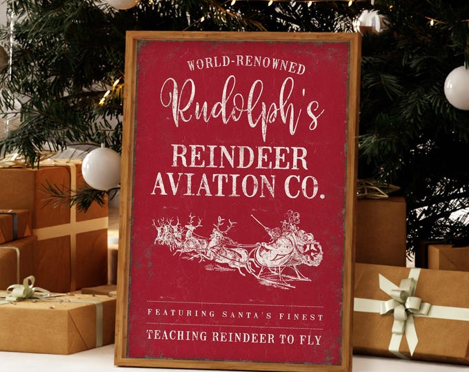 Reindeer Wall Decor, Rudolph's Aviation Co with an Engraved Santa Sleigh on Deep Crimson