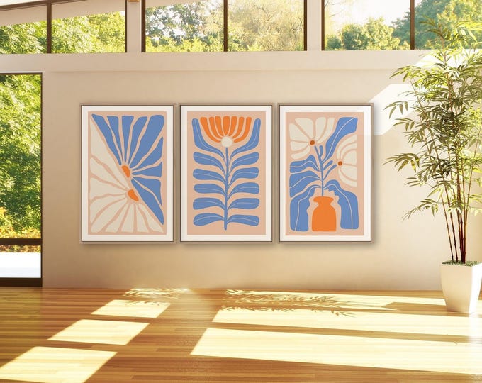 Modern Floral Triptych Wall Art, Art Print Above Bed