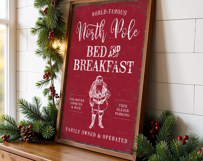 North Pole Christmas Sign: Dark Red, Farmhouse Style Wall Art
