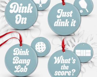 Pickleball Ornaments Set: Ceramic or Shatterproof Aluminum - Choice of Colors