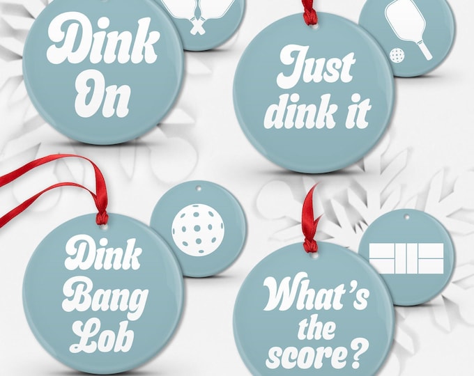 Pickleball Ornaments Set: Ceramic or Shatterproof Aluminum - Choice of Colors