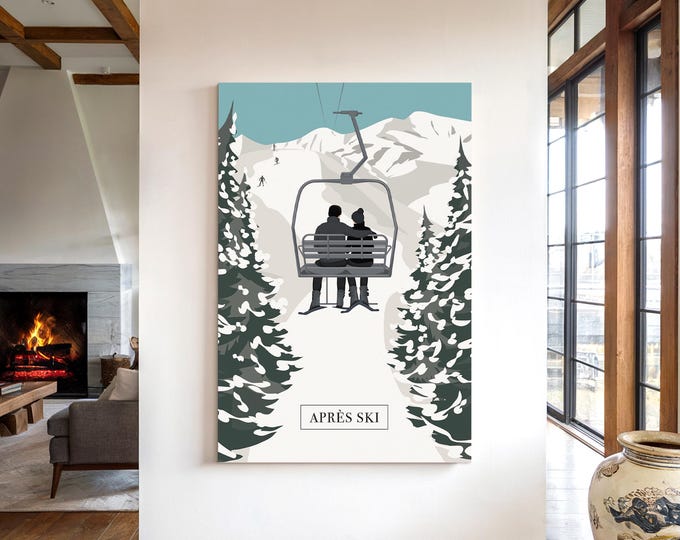 Apres Ski Canvas Print, Chairlift Riders in Black, Green Pine Lodge Wall Art, Ski Gift