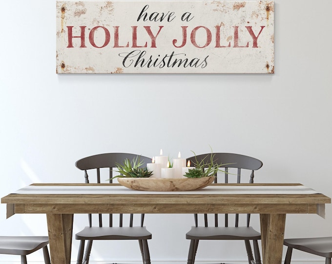 Long Horizontal "Have a Holly Jolly Christmas" Sign in Dark Red on White, Antique Rusted Screws, Seasonal Wall Art, CHRISTMAS HOME DECOR