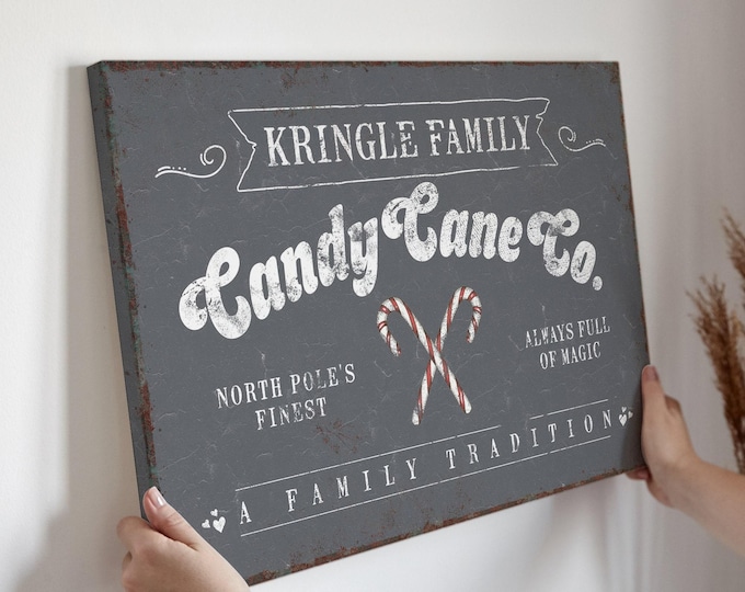Kringle Family Candy Cane Sign, Dark Gray Rustic Style (Multiple Sizes)