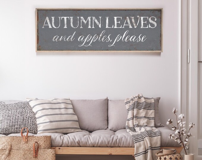 AUTUMN LEAVES and APPLES Please Sign in Slate Gray, Fall Wall Art, Long Horizontal Fall Prints, Indoor Outdoor Option, Autumn Wall Decor