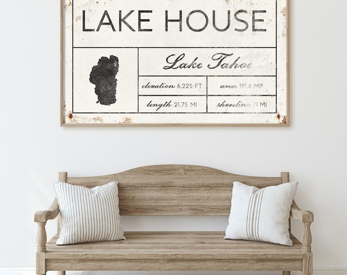 Welcome to our LAKE HOUSE sign, vintage Lake Tahoe canvas for above couch, extra large framed modern farmhouse decor, white rusted screws