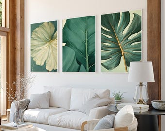 抽象的な植物の葉の三連画、穏やかな自然の壁飾り、ニュートラルなアート