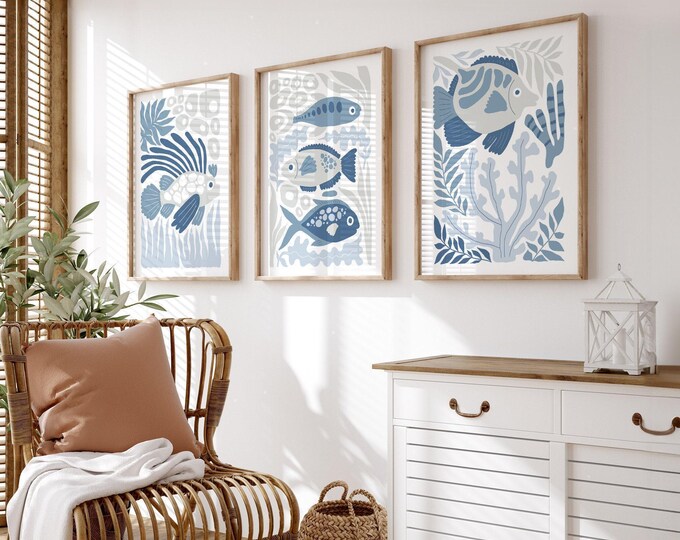 Coastal Canvas Art, Fish Coral and Seaweed Triptych, Cream Blue Gray Three Panel Set