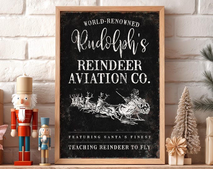 Farmhouse Sleigh Art, Rudolph's Reindeer Aviation Co in Cream White on Charcoal Black
