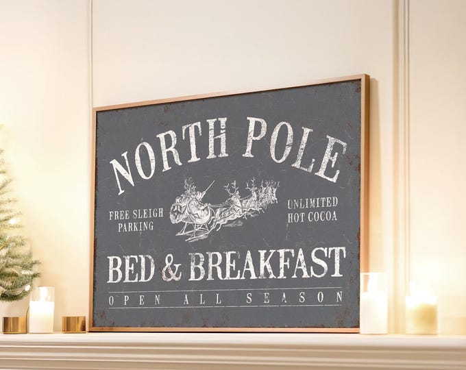 Reindeer Sign Art, North Pole Bed and Breakfast with a Cream Santa Sleigh on Slate Grey