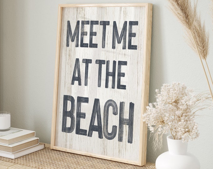Meet Me at the Beach Sign in Hale Navy on White, Perfect Beach Gift for Mom, Retro Beach House Canvas Prints, Vacation Rental Wall Art