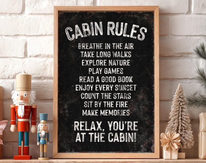 Cabin Rules Sign, Vintage Black Lodge Wall Art for Chalet Guest Room