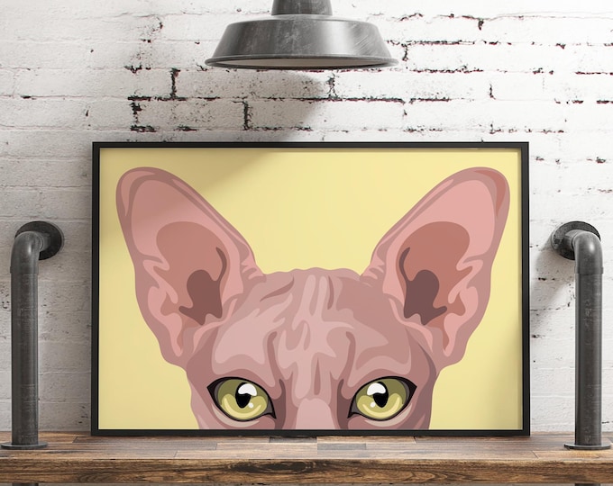 Gift for Cat Owner, Hairless Sphynx Print, Wide Butter Yellow Feline Wall Decor