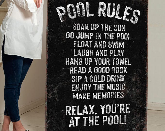 Rental Property Art, Funny Rules Sign, Pool Patio Decor, Retro Black Wall Display, Colorful Vintage Style on Canvas or Aluminum for Poolside