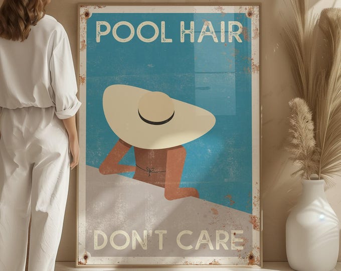 Swim Life Print, Pool Hair Don't Care Retro Sign, Pale Blue Distressed Metal Wall Art