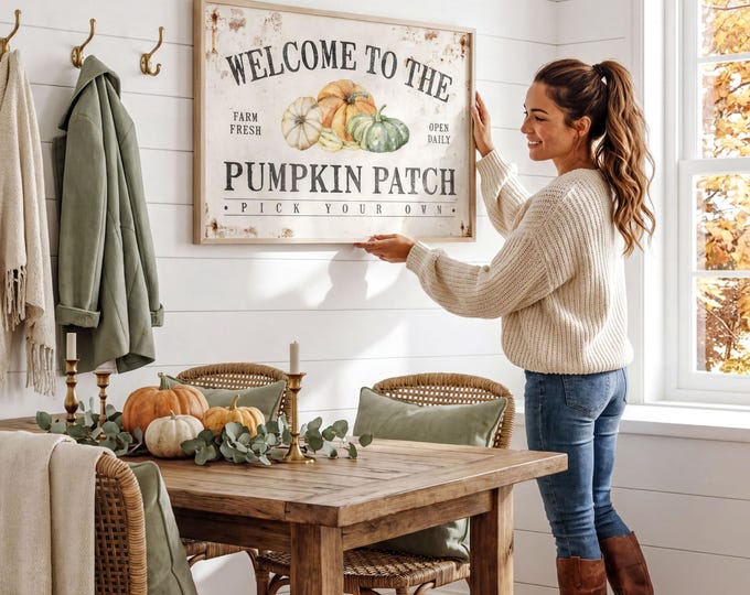 Rustic Welcome Sign, Pumpkin Patch Wall Art, Cream and Sage Decor