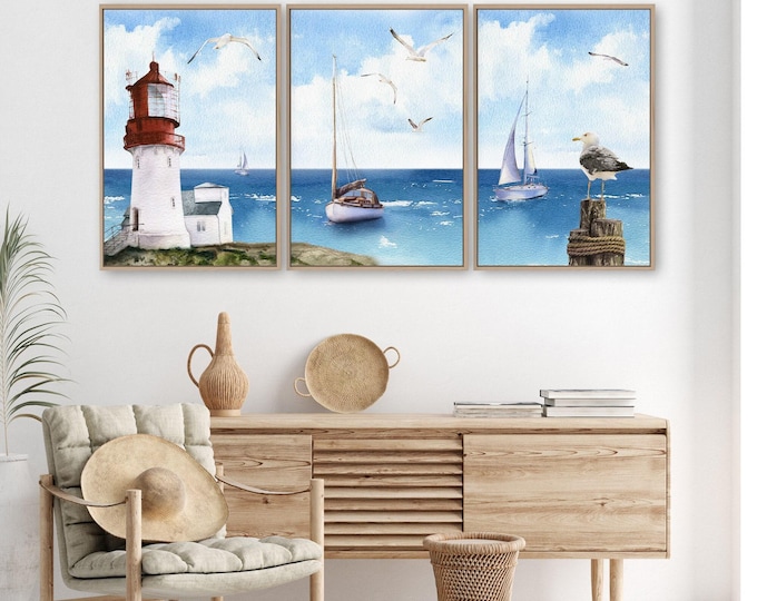 Beach House Triptych Wall Art, Ocean Scene, Vintage Lighthouse (3 Piece Set)