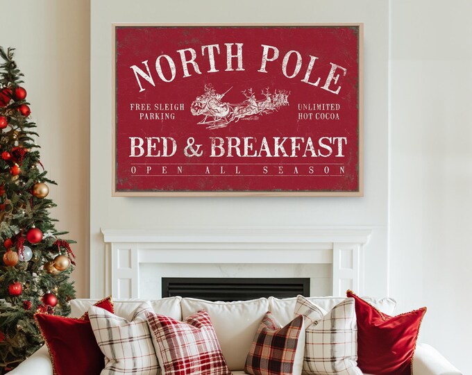 Reindeer Art, North Pole Bed and Breakfast with Santa's Sleigh in Cream on Crimson Red