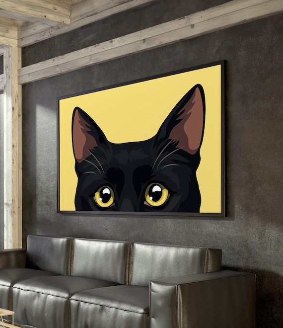 Peekaboo Cat Canvas, Bright Cat Poster, Black Cat Pop Art Wall Art
