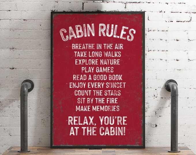 Cabin Sign Print, Cabin Rules Sign, Deep Red Rules Wall Art, Cream and Black Cabin Decor