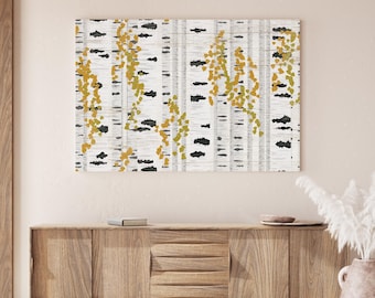 Autumn Bedroom Art, Golden Birch Trees on a White Ground