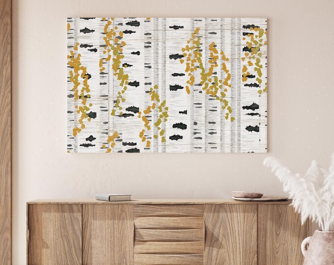 Autumn Bedroom Art, Golden Birch Print, White Wall Decor