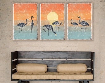 Flamingo Wall Art Set: 3 Piece Sunset Triptych for Beach Decor