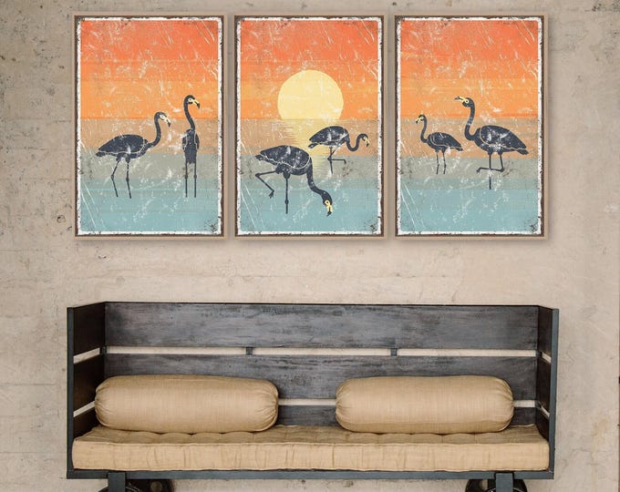 Flamingo Wall Art Set: 3 Piece Sunset Triptych for Beach Decor