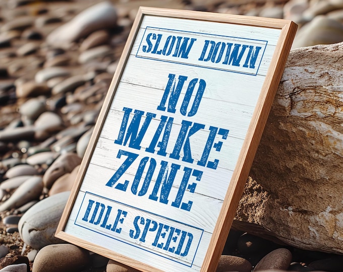 Ocean Blue NO WAKE ZONE Sign for Beach House Decor, Vintage Nautical Planks Wall Art with Stamped Lettering, Blue and White Coastal Theme