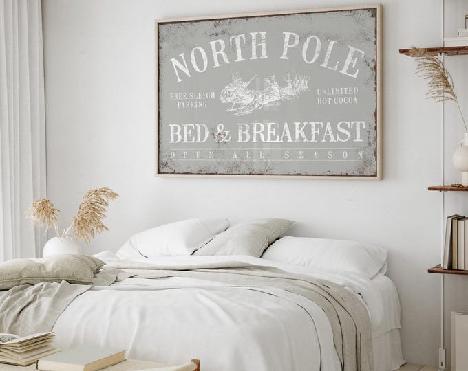 Reindeer Art North Pole Bed and Breakfast Sign, Sage Gray Distressed Metal