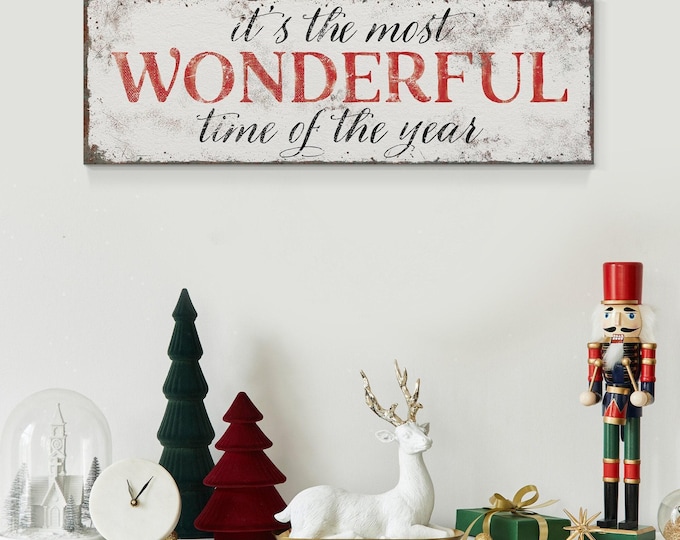Most Wonderful Art, Christmas Carol Lyric Sign in Barn Red and Charcoal on Worn Cream