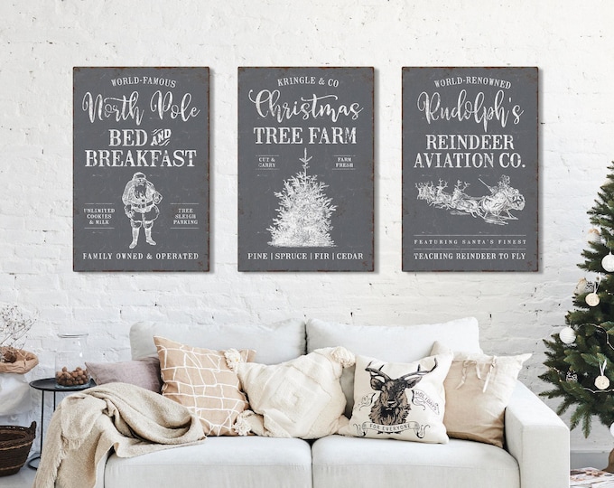 Vintage Christmas Triptych, Tree Farm and Sleigh Set, Living Room Holiday Decor