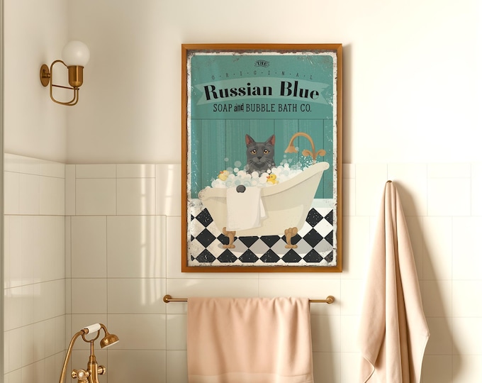 Bubble Bath Poster, Russian Blue Cat, Pet Lovers Gift, Vintage Bathroom Wall Art, Retro Farmhouse Decor, Funny Soap Sign for Home
