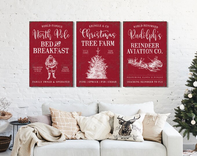 Vintage Christmas Triptych Wall Art in Dark Red, Christmas Tree Farm, North Pole Bed and Breakfast, Sleigh and Reindeer, Christmas Farmhouse
