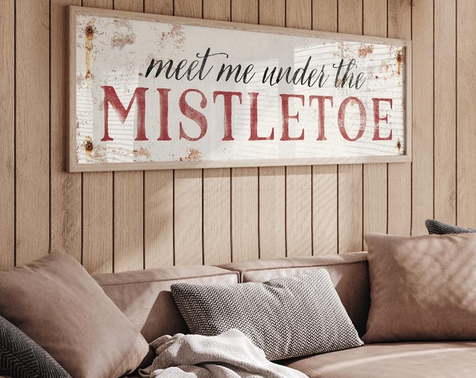 Long Horizontal "Meet me under the mistletoe" Sign in Dark Red on White, Antique Rusted Screws, Seasonal Wall Art, CHRISTMAS HOME DECOR
