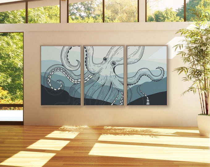 Octopus Triptych, Octopus 3 Piece Framed Set, Retro Octopus Canvas Prints, Large Ocean Wall Decor, Beach Decor Outdoor, Ocean Waves 02