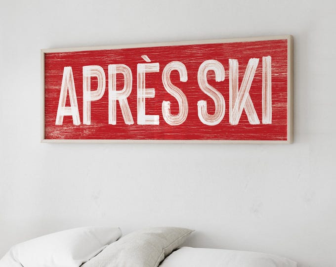 APRES SKI Sign in bright red and white, faux weathered wood, apres ski wall print, vintage farmhouse ski sign, long horizontal wall art