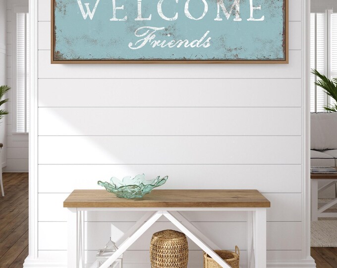 Sofa Wall Art, Welcome Friends Sign, Tide Blue Distressed Lake House Porch Decor