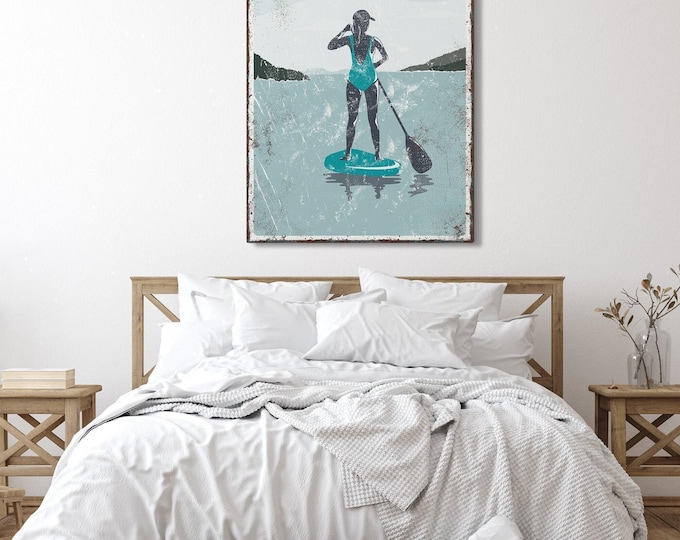 Lake House Wall Art: Vintage Paddleboard Sign - Teal Accent