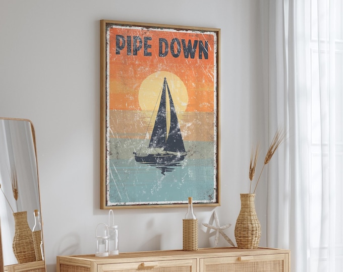 Sailboat Sign, Coral Sunset and Aqua Water Coastal Wall Art in a Wood Frame