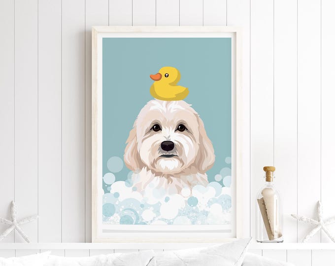 Goldendoodle Dog Bathroom Art, Bubble Bath Fun (Framed or Unframed)