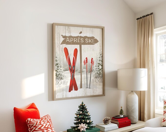 Apres Ski Wall Art, Red Skis Sign Print, Rustic Cream Cabin Gift