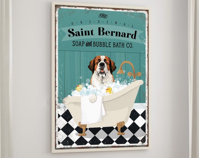 Bubble Bath Poster, Saint Bernard Bath, Cute Dog Art, Vintage Wall Print, Retro Farmhouse Decor, Charming Bathroom Gift, Shabby Chic Style