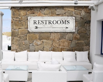 Rustic White Bathroom Directional Sign, Vintage Metal Sign with Arrow Pointing Right, White Aluminum or Canvas Print with Faux Rusty Edge
