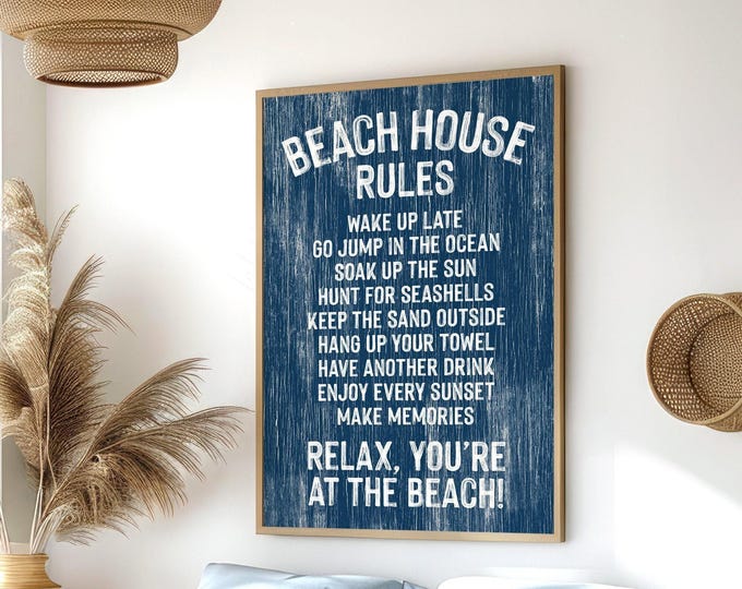 Seaside Wall Art, Navy Beach House Rules Sign with White Distressed Lettering