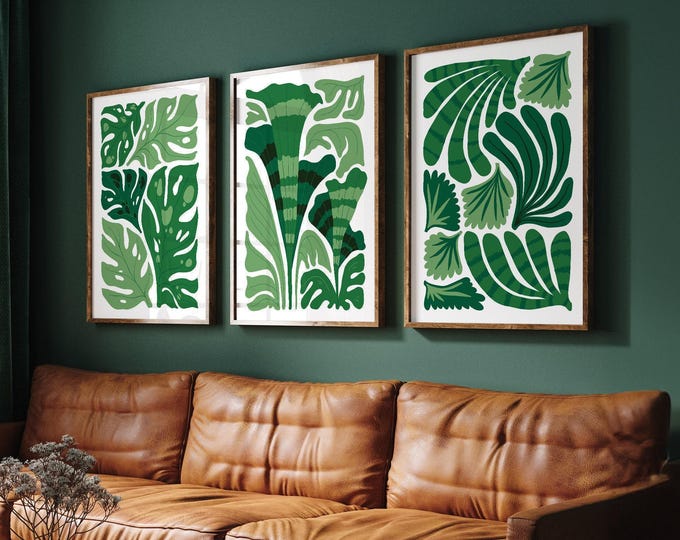 Tropical Palm Decor, Layered Monstera Leaves Triptych, Cream and Green Matisse Print Set