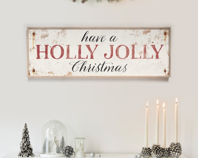 Long Horizontal "Have a Holly Jolly Christmas" Sign in Dark Red on White, Antique Rusted Screws, Seasonal Wall Art, CHRISTMAS HOME DECOR